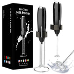 Battery operated drink mixer in black with frother whisk for effortless milk frothing at home