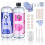 DIY kit with bubble free resin for casting, gloves, measuring cups, and mixing tools for craft projects