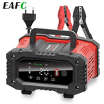 Smart pulse repair battery charger in red and black with display features and jumper cables
