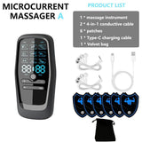 EMS slimming machine with control panel, conductive cables, patches, and velvet bag for effective muscle stimulation