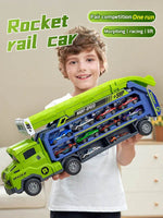 Child holding Rocket Rail Car toy with multiple cars for fun race and morphing play, ideal for kids