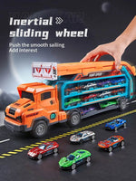Inertial sliding wheel toy truck showcasing mini cars, featuring a flying car puzzle toy for kids