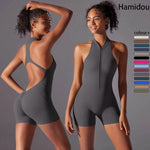 Hamidou quick dry workout suit in gray with a high neckline and back cutout for activewear enthusiasts