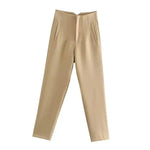 Beige high-waist pencil pants women with tailored design and side pockets for a stylish look