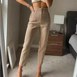 Beige high-waist pencil pants women with a sleek fit, perfect for stylish office wear