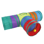 Colorful interactive cat tunnel with multiple entrances and a dangling ball for playful cats