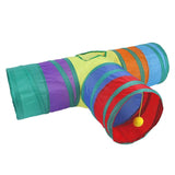 Colorful interactive cat tunnel with multiple entrances and a dangling ball for playful cats