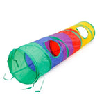Colorful interactive cat tunnel with multiple exits for playful cats to explore and enjoy