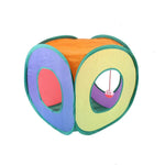 Colorful interactive cat tunnel with openings and a dangling ball for playful cats