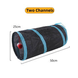 Interactive cat tunnel with two channels and a playful ball for engaging cat playtime