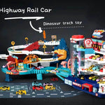 Interactive dinosaur car track set with colorful ramps and multiple toy cars for kids