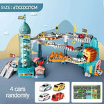Interactive dinosaur car track set with colorful cars, ramps, and fun play features for children