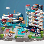 Interactive dinosaur car track with multi-level garage and vibrant play area for kids