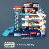 Interactive dinosaur car track playset with multi-level parking and six toy cars included