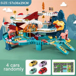 Interactive dinosaur car track playset with four colorful toy cars for kids aged 3 and up
