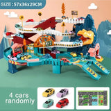 Interactive dinosaur car track playset with four colorful toy cars for kids aged 3 and up