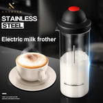 Stainless steel electric milk frother with a semi-automatic frother and a cup of cappuccino