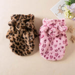 Two cozy leopard print dog hoodies in brown and pink for stylish pet outfits