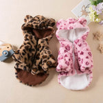 Leopard print dog hoodie in brown and pink with a soft, cozy design for stylish pets