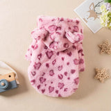 Soft pink leopard print dog hoodie with ears, perfect for keeping pets warm and stylish