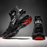 Luxury fashion sneakers in black and red with a stylish design and breathable materials