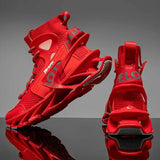 Bold red luxury fashion sneakers featuring a unique design and comfortable fit