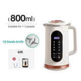Mini soybean milk machine with 800ml capacity for 1-3 people, featuring a 10-blade knife and digital display