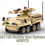 M1128 Mobile Gun System building blocks set featuring modern armored vehicle blocks for creative play
