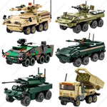 Set of modern armored vehicle blocks in various designs for kids to build and play with