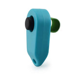 Blue pet obedience clicker with a black button and green wrist strap for training pets