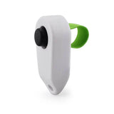 Pet obedience clicker in white with a green strap for training pets effectively