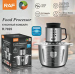 RAF stainless steel food processor with 5L capacity and four sharp blades for efficient food preparation