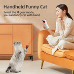 Handheld smart pet laser gadget for playful cats with a user demonstrating its fun features