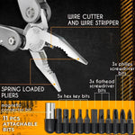 Camping multitool for survival with spring loaded pliers and 11 attachable bits for various tasks