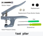 Snap pliers kit for cloth with button helper, screwdriver, awl, and replacement button heads