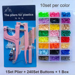 Snap pliers kit for cloth including tools and 240 colorful snap buttons organized in a storage box
