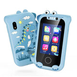 Blue touchscreen phone for kids 3-12 featuring a dinosaur design, perfect for young users to enjoy safe entertainment
