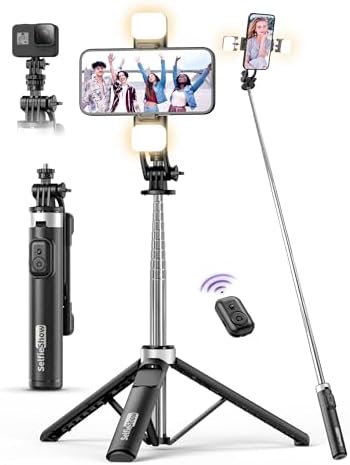Selfie Stick with 2 Fill Light, 53'' Tripod for Cell Phone with Wireless Remote, 360° Rotating Portable Phone Tripod