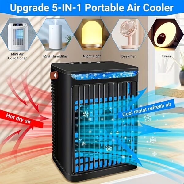 Portable Air Conditioner, 5-in-1 Mini Fan, Evaporative Cooler and Humidifier, 3 Fan Speeds, Personal AC, Adjustable Rotating Fan, Timer and 7 LED Lights