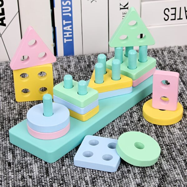 Macaron Colored Wooden Sorting and Stacking Puzzle Set Geometric Shape Columns with Color Recognition