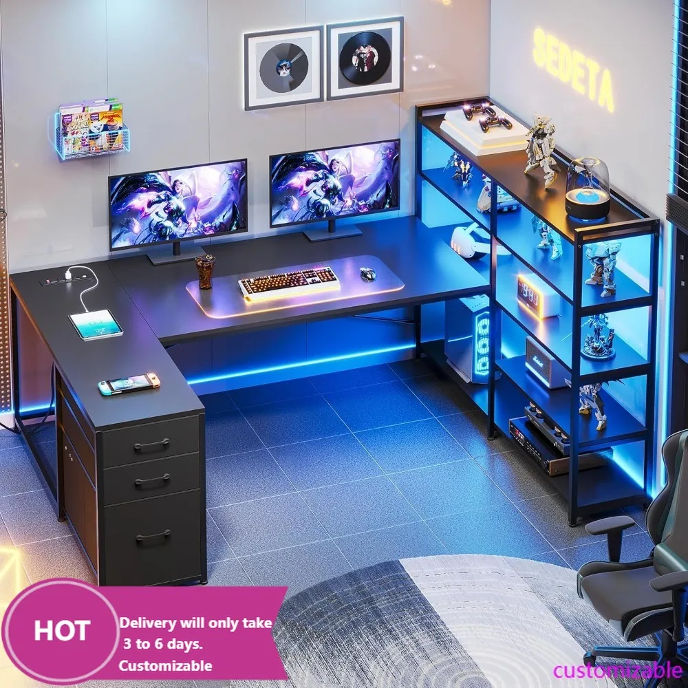 L-Shaped Gaming Desk with LED Lights, Power Outlet, Storage Shelves & Drawers for Home Office — L-Shaped