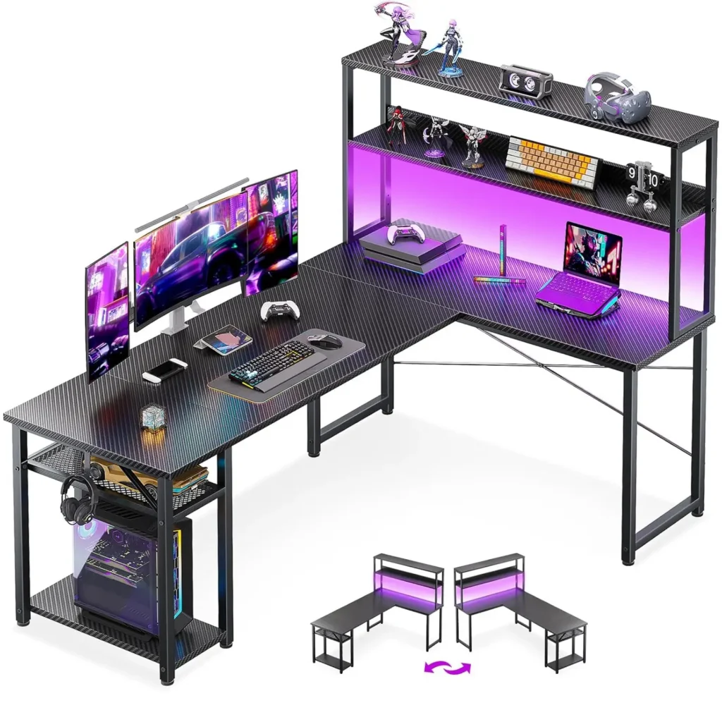 61" L Shaped Gaming Desk with Hutch & Headphone Hook, Corner Computer Table with Storage Shelves for Home Office,, Customized — Generic