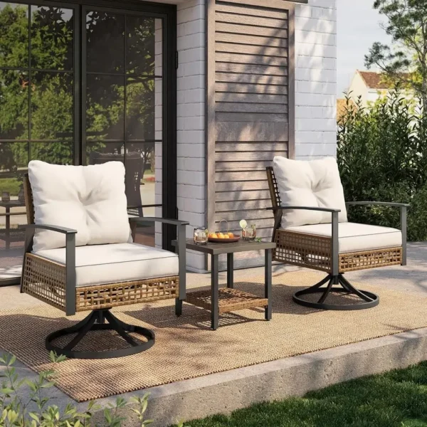 2-Piece Wicker Bistro Set with Rocking Chairs and Coffee Table, Outdoor Swivel Rockers with Cushions for Porch or Backyard (Beig — Generic