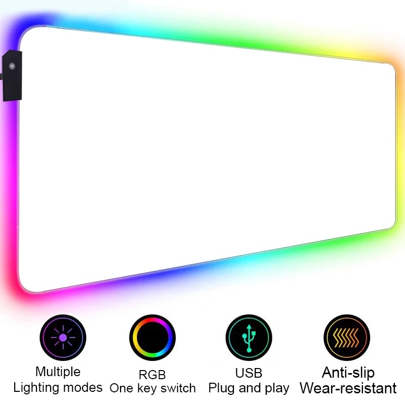 HD Custom Mouse Pad RGB Pure White MousePad DIY LED Backlit Gamer Light 90x40cm Gaming Keyboard Large Colorful Deskmat Mouse Mat — HD