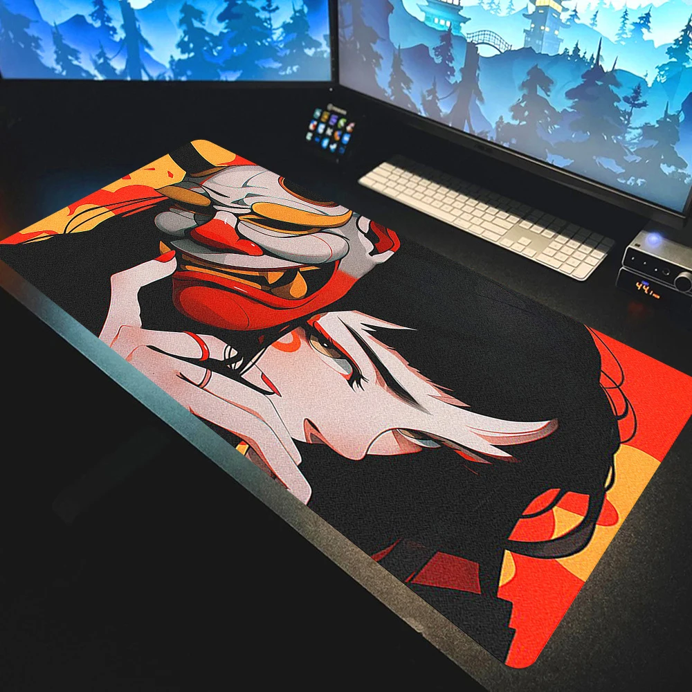 S25635c98500d45b9b31225426d9ccb65H.webp Gamer E-Sports Mouse Mat 90x40CM Non-slip Gaming Mousepad Janpanese Oni Mask Girl Mouse Pad Game Mechanical Keyboard Desk Mat — Gamer