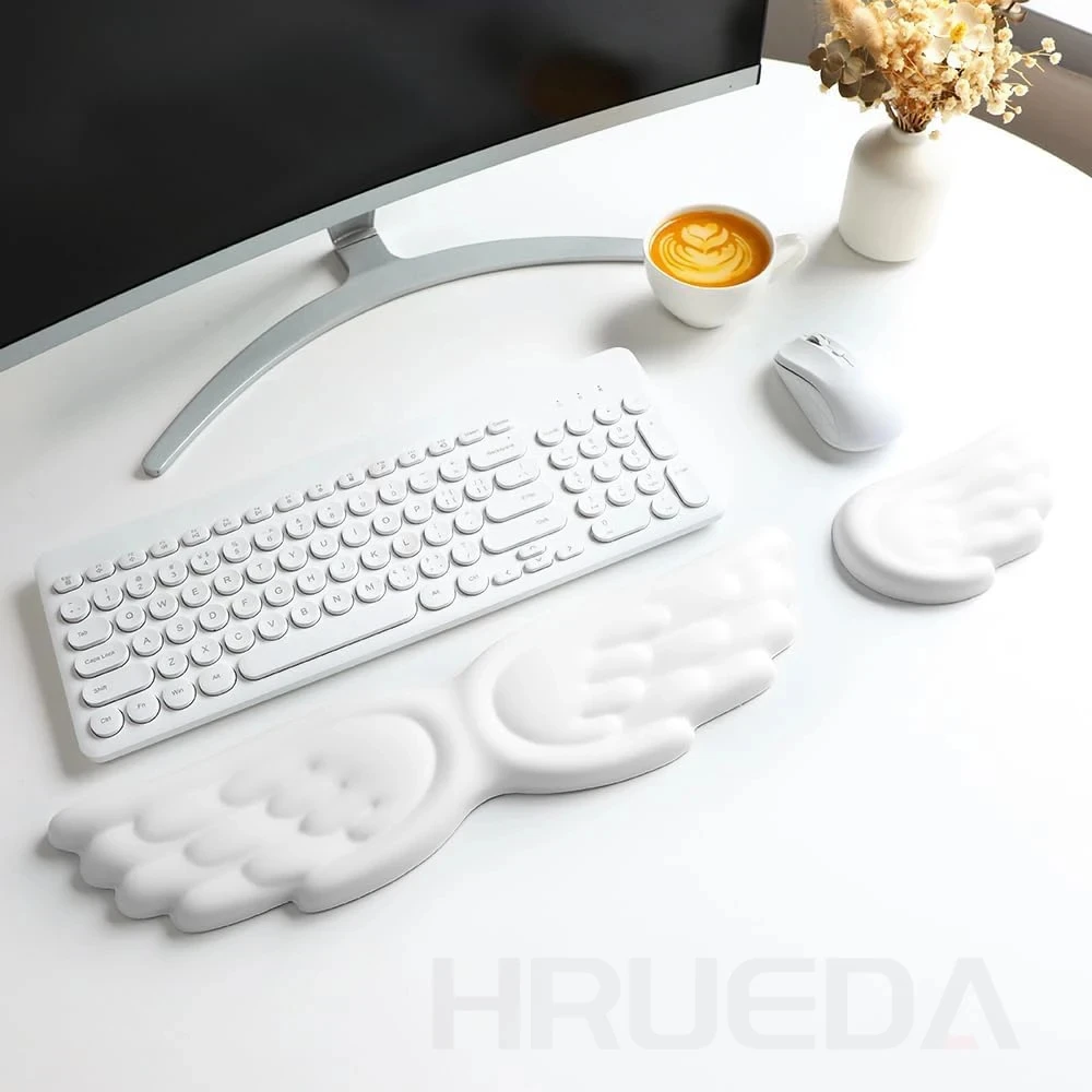 Keyboard Mouse Wrist Rest Angel Wing Memory Foam Mouse Pad Set Wrist Support Ergonomic Non-Slip for Computer Laptop Easy Typing — Keyboard