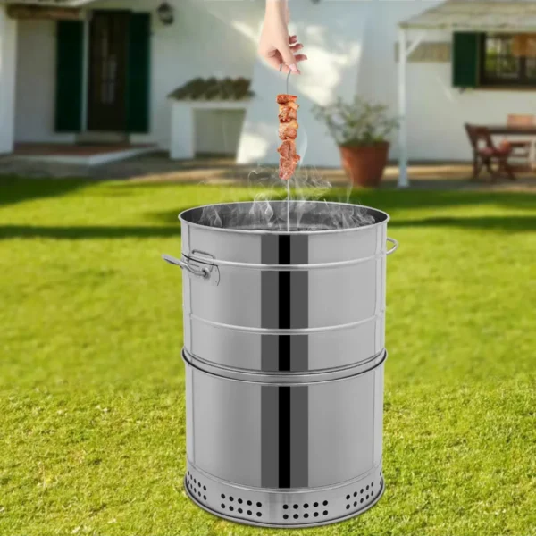 Large Stainless Steel Portable Smokeless Barbecue Charcoal Barrel Grill with Multiple Clips for Camping Picnics Backyard BBQs — Large