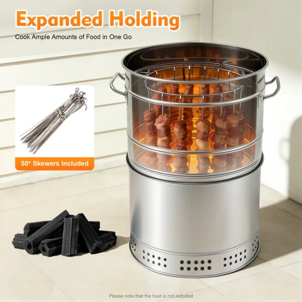Stainless BBQ Grill Barrel Large Portable Charcoal Grill Smokeless Barbecue Grill with 2 Grilling Mode for Camping Picnics — Stainless