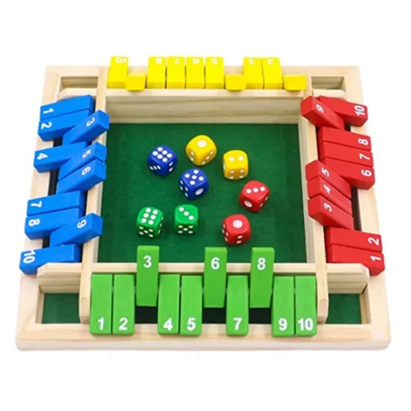 Deluxe Four Sided 10 Numbers Shut The Box Board Game Set Toy Dice Party Club Drinking Games for Adults Families — Deluxe