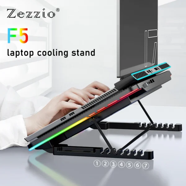 Zezzio F5 RGB Laptop Cooling Pad 12-17 Inch Laptop Cooler Stand 6 Quiet Fans 7 Angle Adjustable With Mobile Phone Holder — Zezzio
